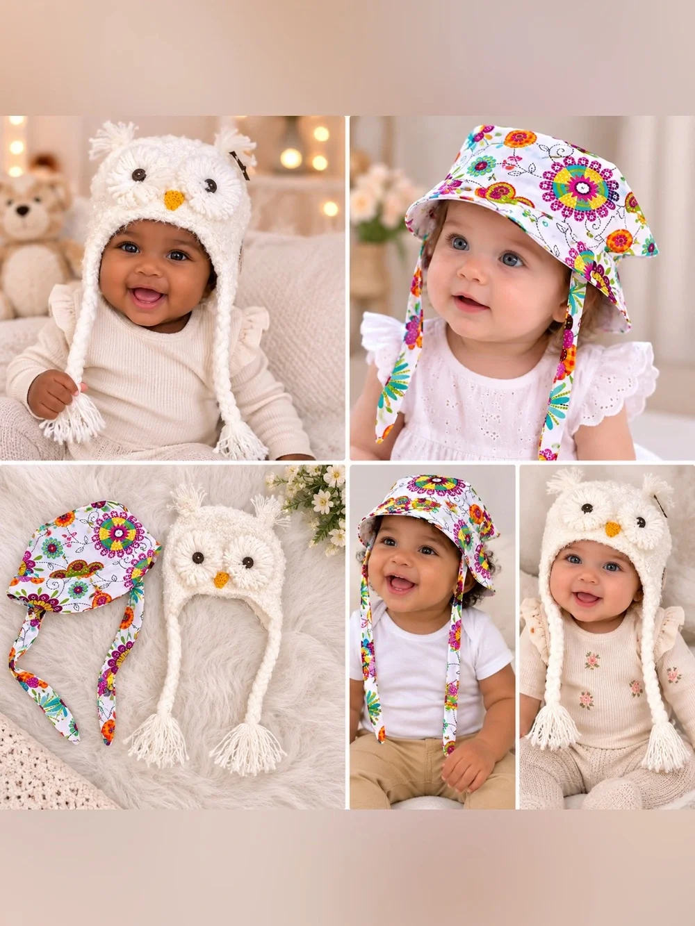 Set of 2 Floral & Owl Baby Sun & winter Hat Duo - White Owl and Multicolor